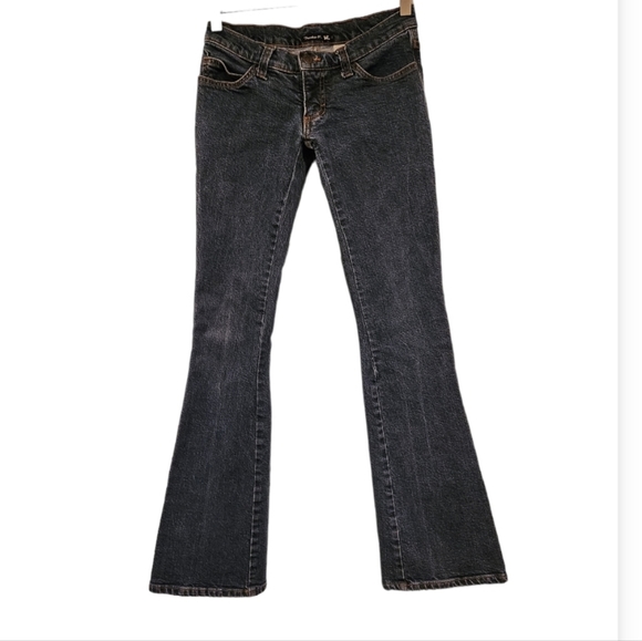 FRANKIE B 1990S VINTAGE DARK DENIM WIDE LEG LOW WAISTED HIP HUGER JEANS.SIZE XS/ - Picture 2 of 13